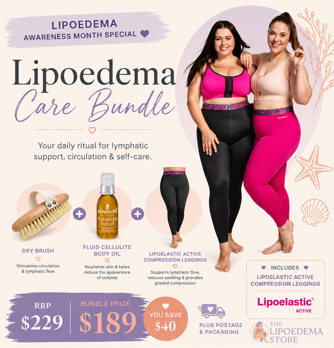 Lipoedema Awareness Month Care Bundle | Lipoelastic Leggings, Body Oil & Dry Brush