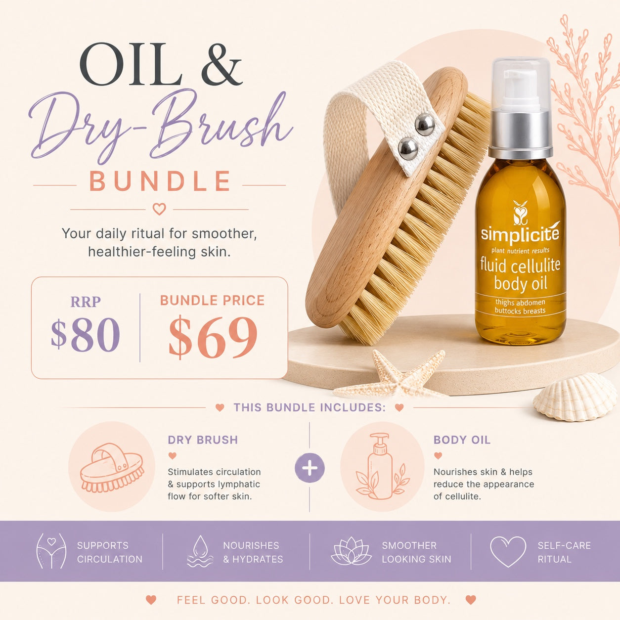 Body Care Bundle | Simplicité Fluid Cellulite Body Oil + Natural Dry Body Brush