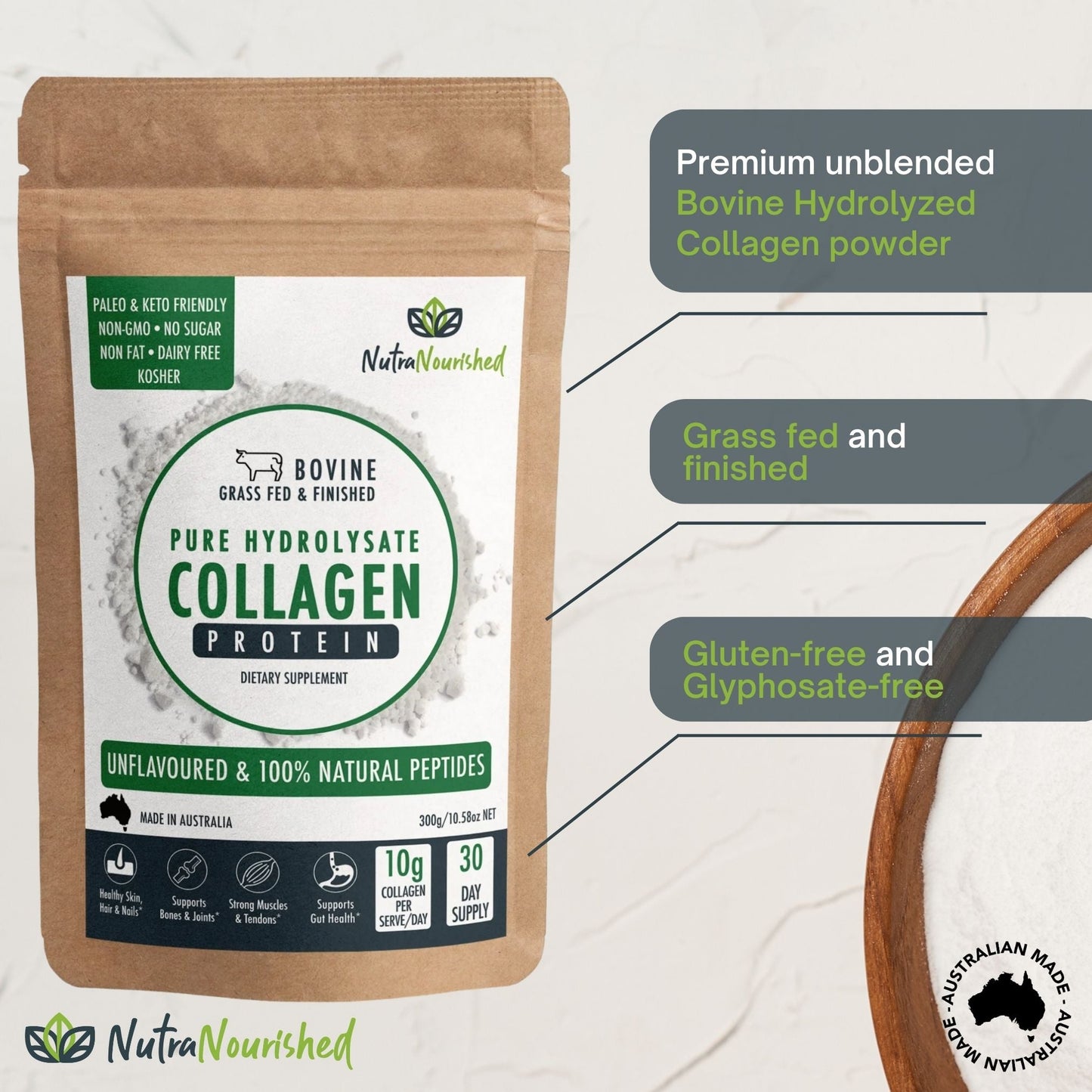 Nutra Nourished Collagen Powder 300g | Unflavoured Hydrolysed Collagen Peptides (Grass-Fed Bovine Protein)